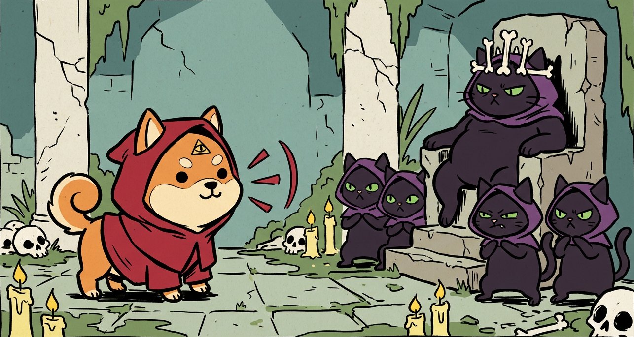 Lord Shiba leans forward and barks red bark lines at a gang of grumpy black cats in purple hoods, whose fat king sits on a cracked stone throne wearing a crown of bones, in mossy ruins scattered with candles and skulls.