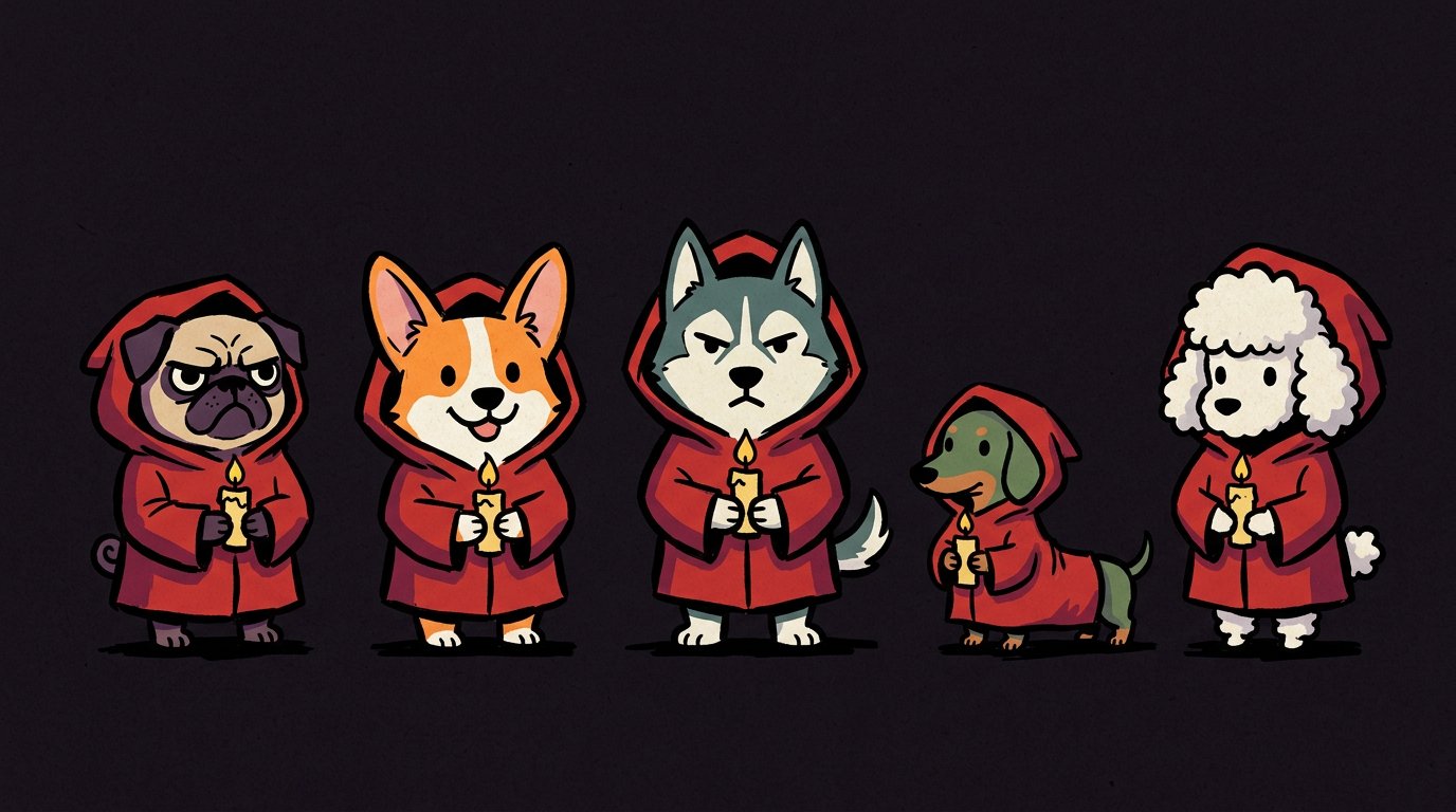 Five hooded dog followers in red robes, each holding a candle: a grumpy pug, a smiling corgi, a stern husky, a tiny dachshund and a fluffy white poodle.