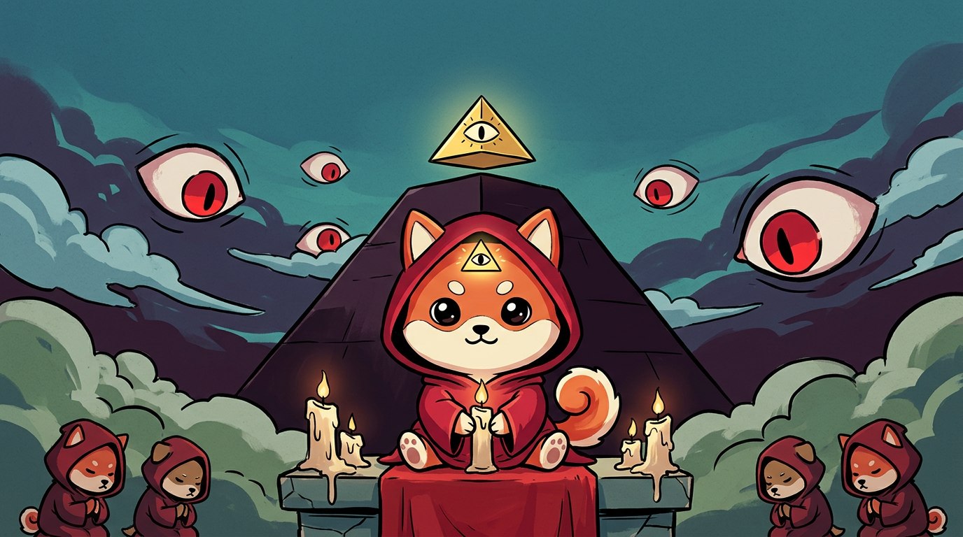 A chibi Shiba Inu in a crimson cult hood, a glowing golden eye-triangle on his forehead, holds a lit candle on a red-draped altar before a dark pyramid crowned by a floating all-seeing capstone. Giant red eyes watch from a stormy teal sky while small hooded followers pray in the corners.