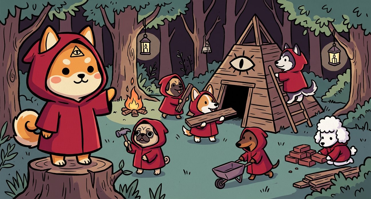 Lord Shiba stands on a tree stump in a night forest, waving his pack to work: a pug with a hammer, a corgi carrying a plank, a husky on a ladder, a dachshund pushing a wheelbarrow and a poodle stacking bricks, all building a wooden pyramid lodge with an eye painted on it beside a campfire.