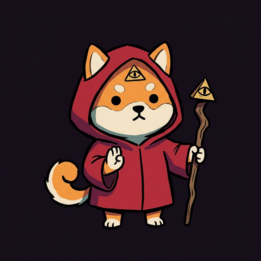 Lord Shiba in his crimson hooded robe, one paw raised in blessing, holding a crooked staff topped with a little pyramid eye.