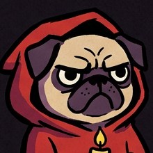 Brother Pug in his red hood, holding a candle