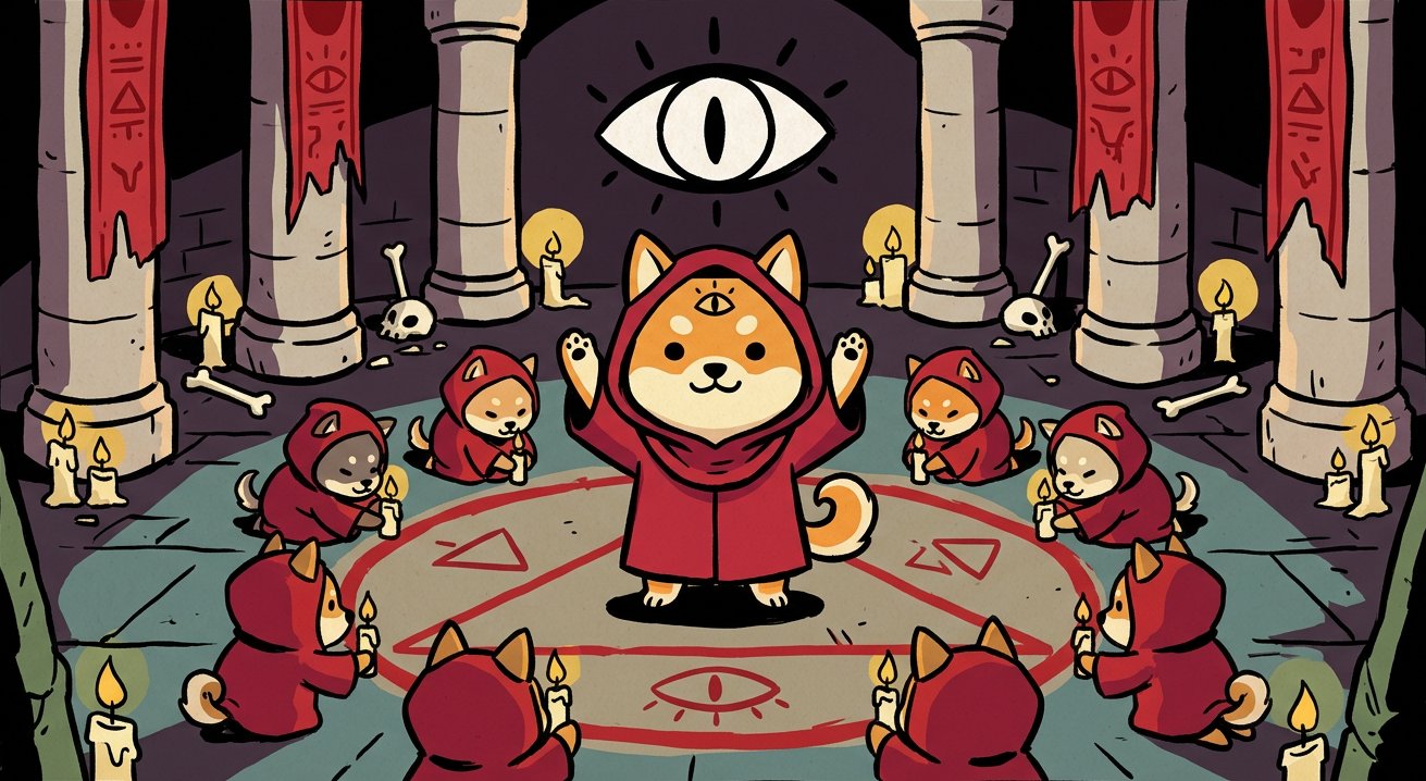 Lord Shiba raises both paws inside a red ritual circle beneath a huge drawn eye, while a ring of small hooded followers kneel with candles among stone pillars and torn red banners.
